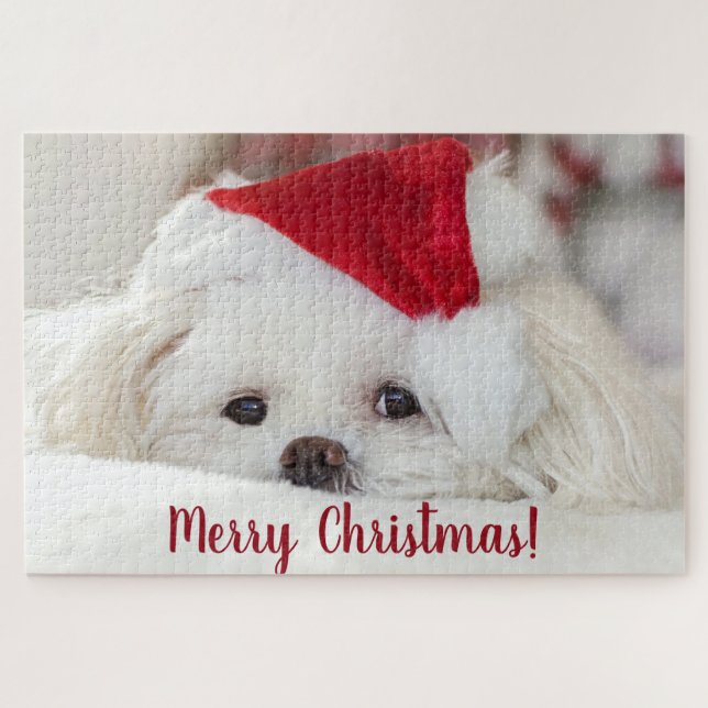 Cute Fluffy White Maltese Puppy Dog in a Santa Hat Jigsaw Puzzle (Horizontal)