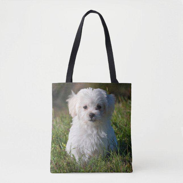 Cute Fluffy White Maltese Puppy Dog Tote Bag (Front)