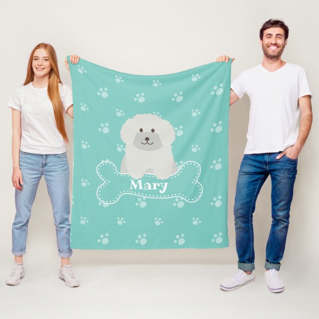 Cute Fluffy White Poodle Puppy Dog Lover Monogram Fleece Blanket (In Situ)
