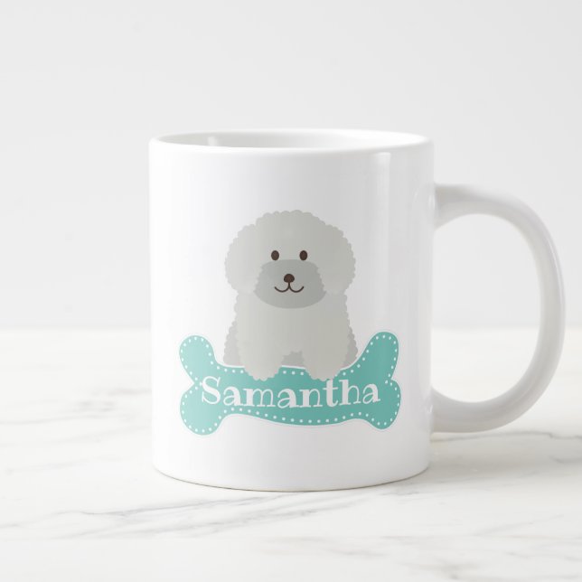 Cute Fluffy White Poodle Puppy Dog Lover Monogram Large Coffee Mug (Right)