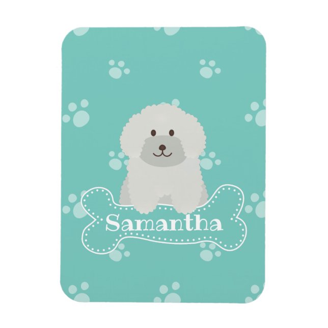 Cute Fluffy White Poodle Puppy Dog Lover Monogram Magnet (Vertical)