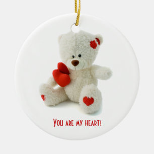 Cute Fluffy White Teddy Bear With a Heart Ceramic Tree Decoration