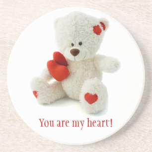 Cute Fluffy White Teddy Bear With a Heart Coaster