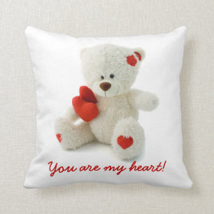 Cute Fluffy White Teddy Bear With a Heart Cushion