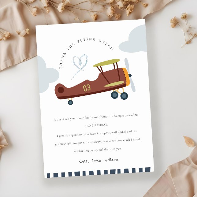 Cute Fly Over Aeroplane Cloud Blue Heart Birthday Thank You Card (Creator Uploaded)