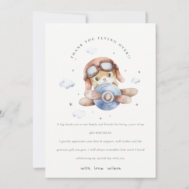 Cute Fly Over Rust Navy Plane Teddy Stars Birthday Thank You Card (Front)