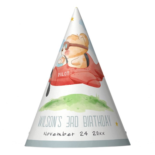 Cute Fly Over Teddy Bear Animal Plane Birthday Party Hat (Front)