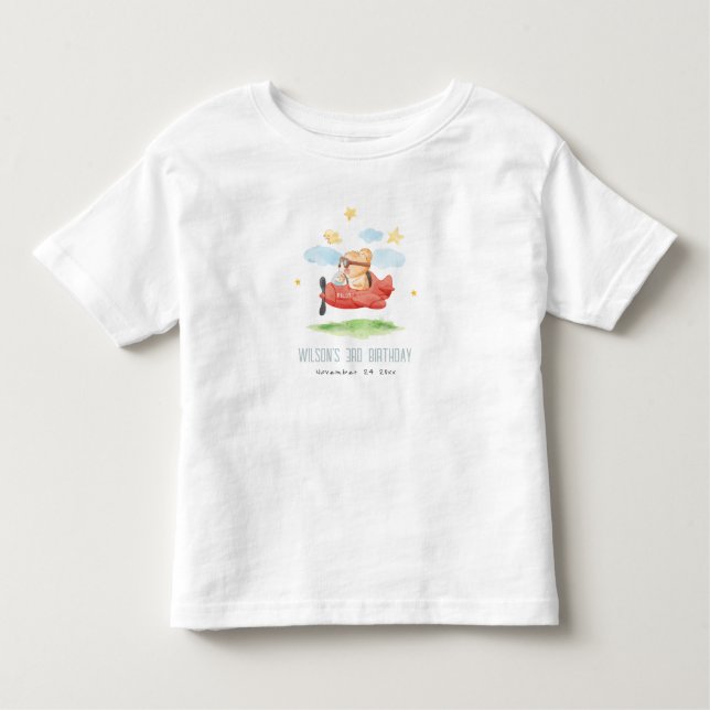 Cute Fly Over Teddy Bear Animal Plane Birthday Toddler T-Shirt (Front)
