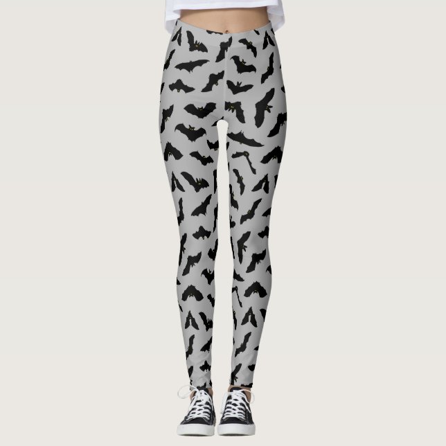 Cute Flying Bats Grey Bat Pattern Halloween Leggings (Front)