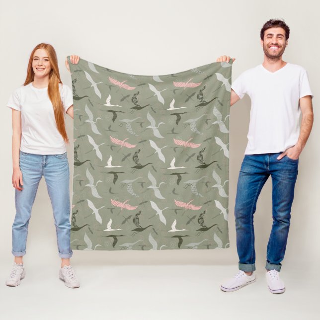 Cute flying birds on sage green pattern  fleece blanket (In Situ)
