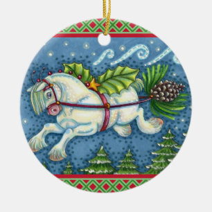 CUTE FLYING CHRISTMAS PONY PULLING PINECONE SLEIGH CERAMIC TREE DECORATION