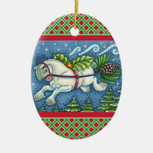 CUTE FLYING CHRISTMAS PONY PULLING PINECONE SLEIGH CERAMIC TREE DECORATION