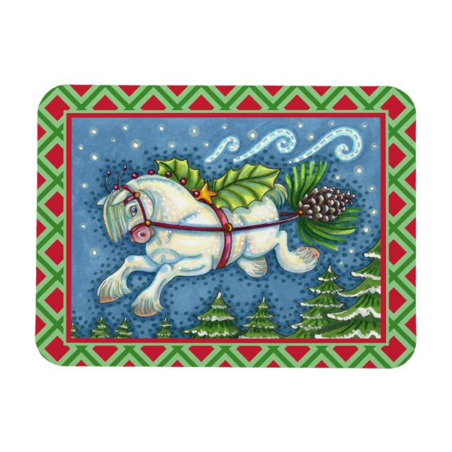 CUTE FLYING CHRISTMAS PONY PULLING PINECONE SLEIGH MAGNET (Horizontal)
