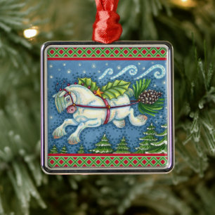 CUTE FLYING CHRISTMAS PONY PULLING PINECONE SLEIGH METAL TREE DECORATION