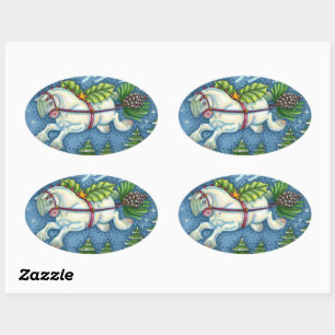 CUTE FLYING CHRISTMAS PONY PULLING PINECONE SLEIGH OVAL STICKER