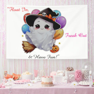 Cute Flying Ghost on Broom with Balloons & Pumpkin Banner