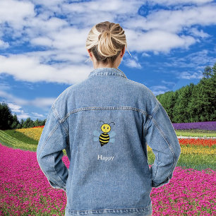 Cute Flying Happy Bumblebee Cartoon Denim Jacket