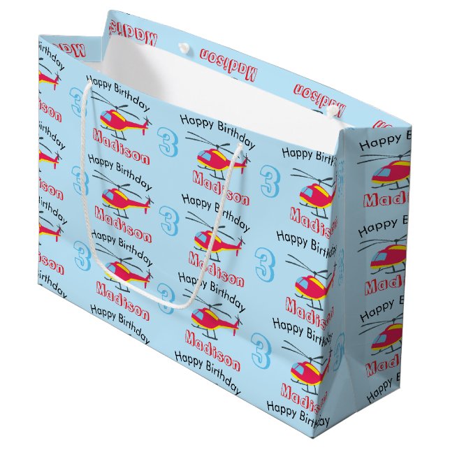 Cute Flying Helicopter Birthday Name & Age Large Gift Bag (Front Angled)