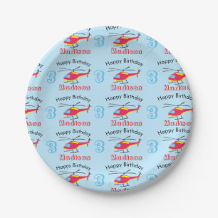 Cute Flying Helicopter Birthday Name & Age Paper Plate