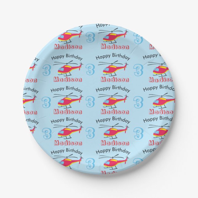 Cute Flying Helicopter Birthday Name & Age Paper Plate (Front)