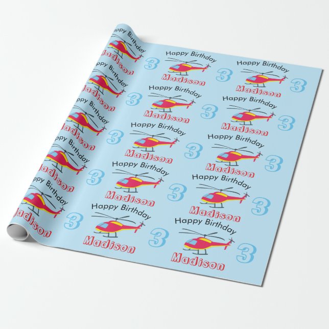 Cute Flying Helicopter Birthday Name & Age  Wrapping Paper (Unrolled)