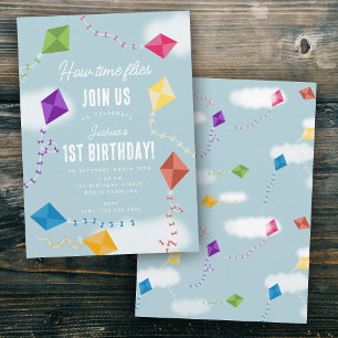 Cute Flying Kites Kids How Time Flies Birthday Invitation