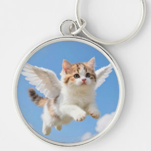 Cute Flying Kitten Calico Tabby Blue Sky Key Ring