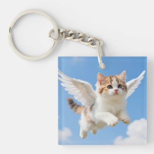 Cute Flying Kitten Calico Tabby Blue Sky Key Ring