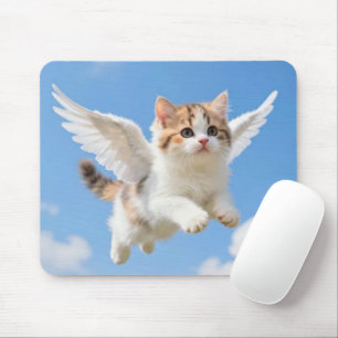 Cute Flying Kitten Calico Tabby Blue Sky Mouse Pad