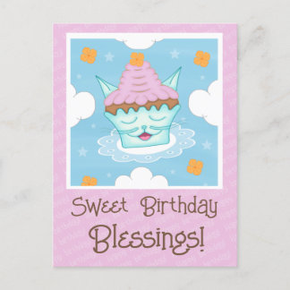 Cute Flying Kitty Cat Face Cupcake Birthday Postcard