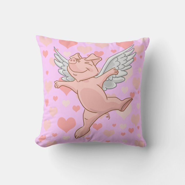 Cute Flying Pig and Pink Hearts Cushion (Front)