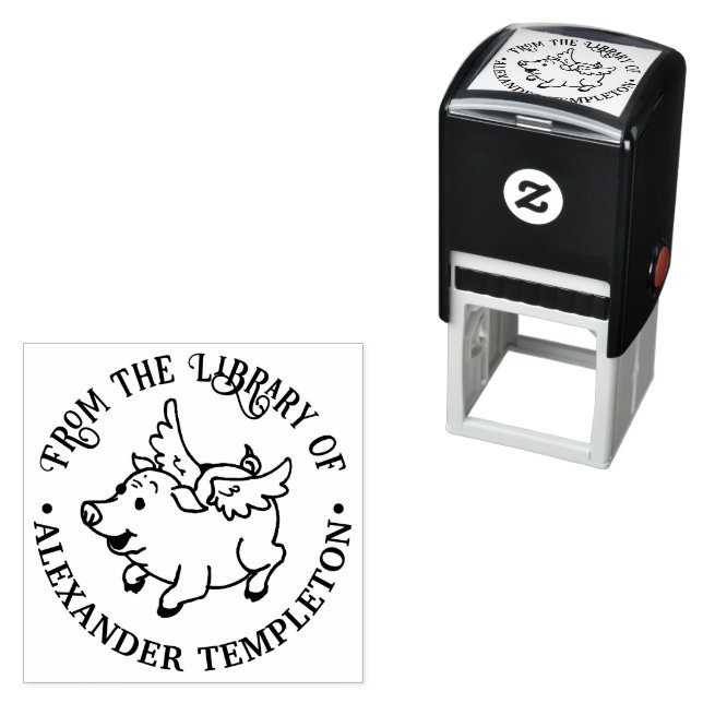 Cute Flying Pig Library Book Name Self-inking Stamp (In Situ)