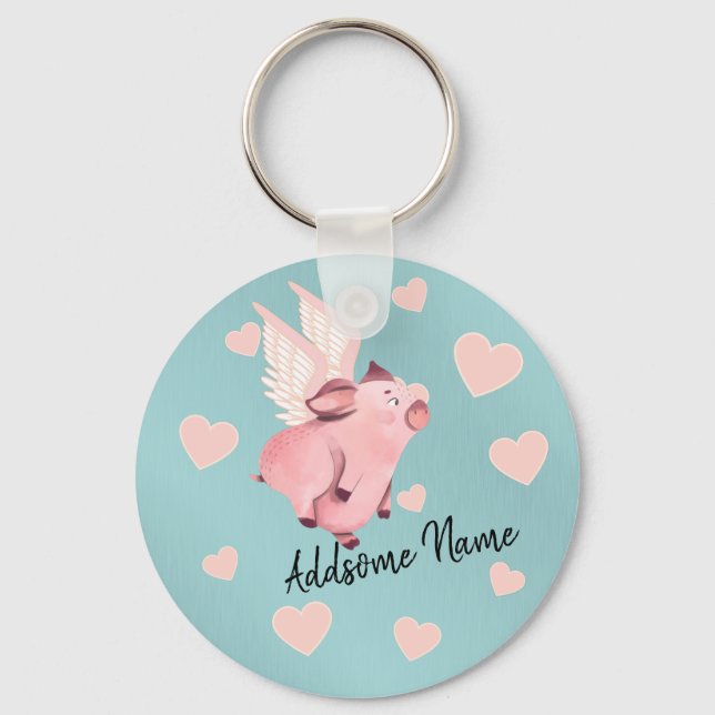 Cute Flying Pig with Wings When Pigs Fly Key Ring (Front)