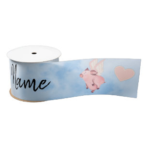 Cute Flying Pig with Wings When Pigs Fly Sky Satin Ribbon