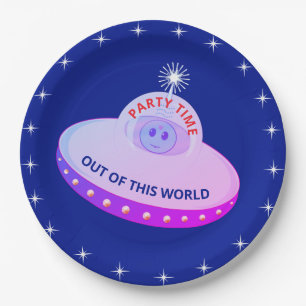 Cute flying saucer, alien & stars on royal blue paper plate