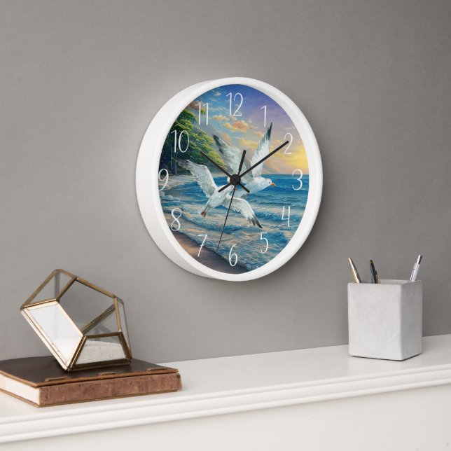 cute flying seagull lovers beach house  clock (Office)