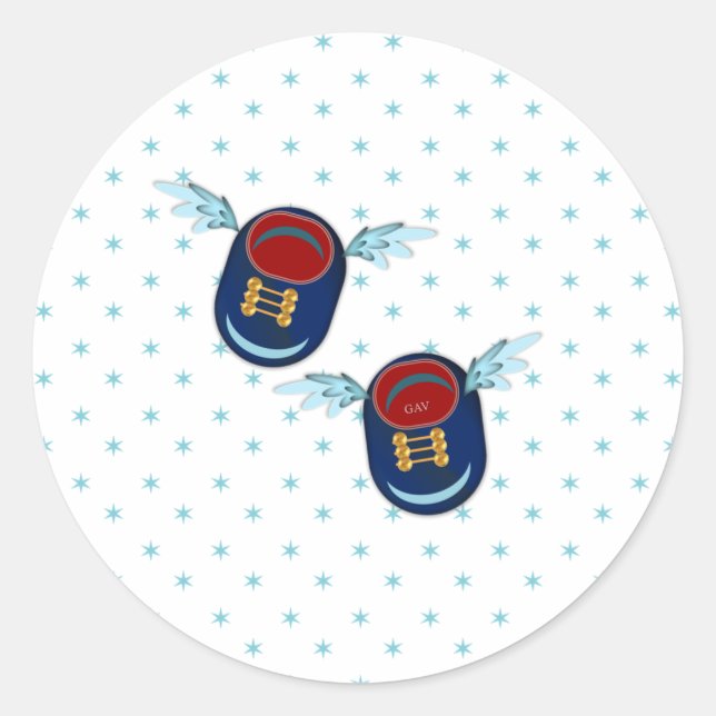 Cute flying winged little baby shoes in blue & red classic round sticker (Front)