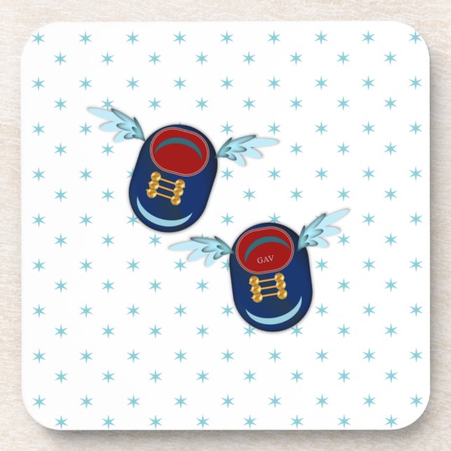Cute flying winged little shoes in blue & red coaster (Front)