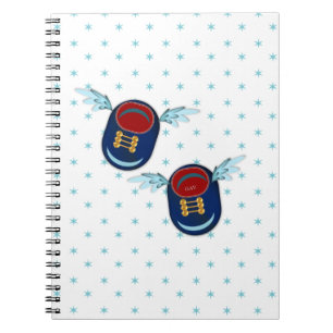 Cute flying winged little shoes in blue & red spiral notebook