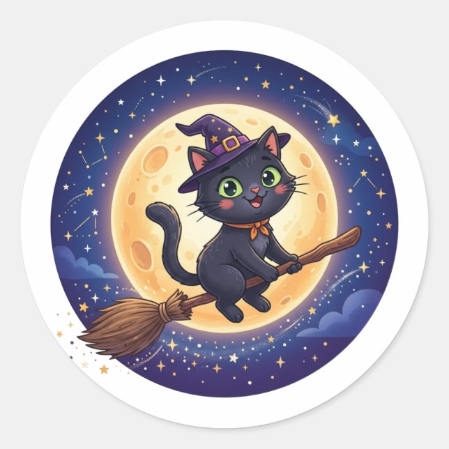 Cute Flying Witch Black Cat Moon Halloween Sticker (Front)