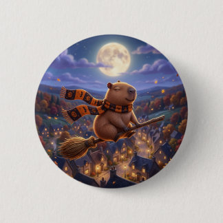 Cute Flying Witch Broom Capybara Button Pin