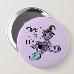 Cute Flying Witch Cat Time To Fly 10 Cm Round Badge