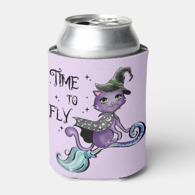 Cute Flying Witch Cat | Time To Fly Can Cooler (Can Front)
