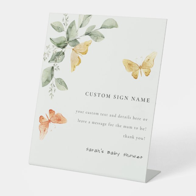 Cute Foliage Butterflies Baby Shower Custom Party Pedestal Sign (Front)