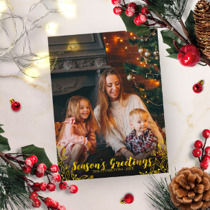 Cute Foliage Gold Foil Script Photo Christmas Postcard