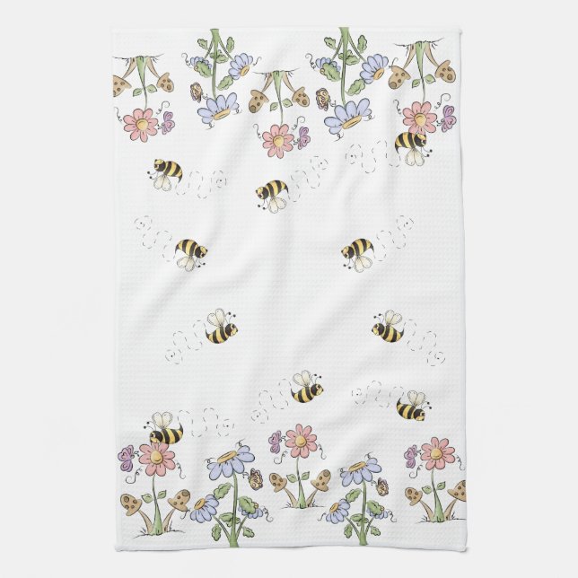 Cute Folk Art Bees Daisies Butterflies Tea Towel (Vertical)