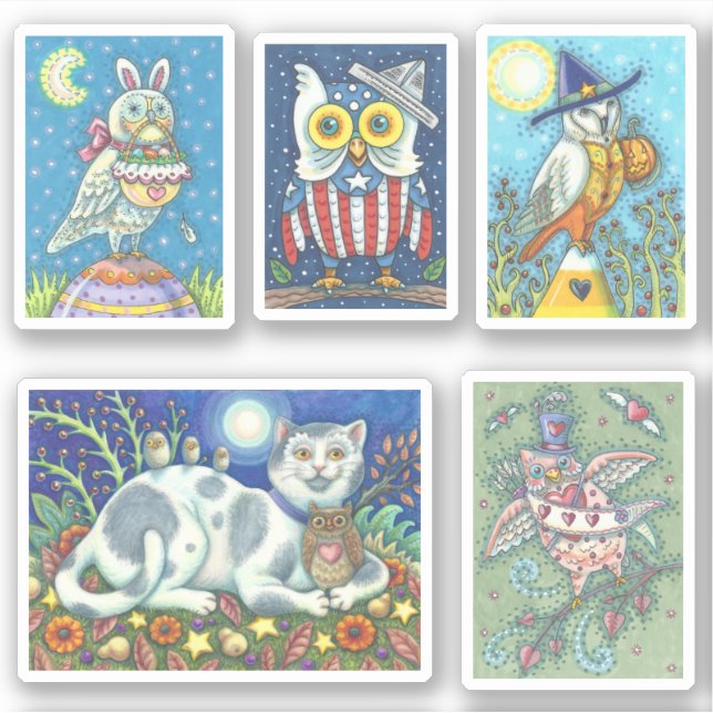 CUTE FOLK ART BIRDS, WHIMSICAL HOLIDAY OWL ART (Front)