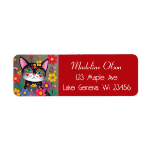 Cute Folk Art Black Cat and Flowers
