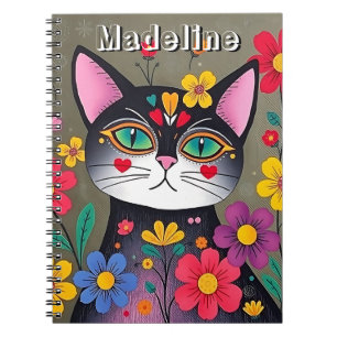 Cute Folk Art Black Cat and Flowers Personalised Notebook