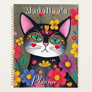 Cute Folk Art Black Cat and Flowers Personalized Planner